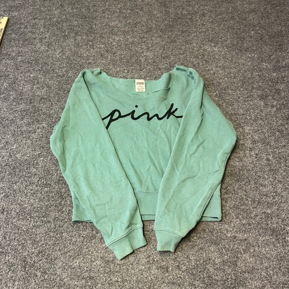 Pink Sweatshirt Womens Size M Sage Green Raw Neck Script Logo Pullover Slouchy